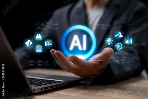 AI Training and Workforce Development Concept, Businessman Using Artificial Intelligence for Skill Enhancement, Knowledge Discovery, Legal Compliance, Ethical AI Adoption and Corporate Innovation