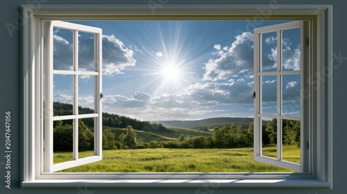 Open Window to Paradise: A scenic vista of rolling green hills and a bright blue sky with fluffy clouds unfolds through an open window.