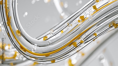 Abstract Molecular Structure: A close-up, abstract visualization of flowing molecular chains with gold and clear liquid elements, suggesting chemistry or innovation.