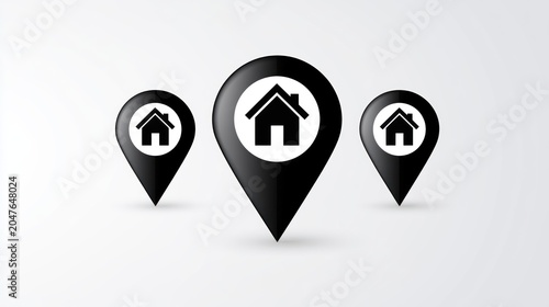 Home Location Pins: Three black map pins, each featuring a white house icon, are strategically placed to indicate various home locations.