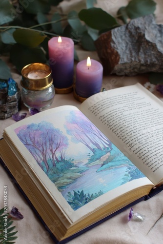 page with an open book surrounded by a purple and teal forest, candles, and glowing water in the background