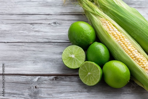 fresh green corn cobs and limes on a wooden background
