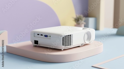 Modern white video projector placed on a pastel platform for home theater office presentation and media equipment