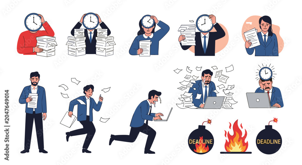 Fototapeta premium Set of diverse characters struggling with time management, deadlines, and stress in professional environments, featuring clocks and paperwork.