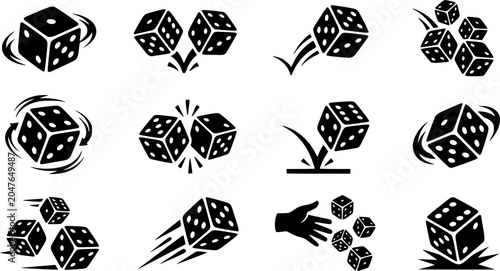 Dice silhouette icon set, flat black glyph style, pure white background