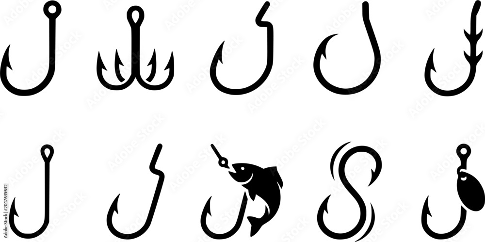 Naklejka premium Fishing hook silhouette icon set, flat black glyph style, pure white background