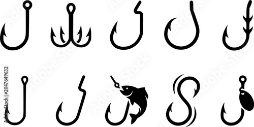 Fishing hook  silhouette icon set, flat black glyph style, pure white background