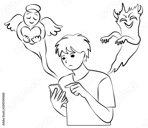 スマートフォンを操作する若い男性と、左右に現れた天使と悪魔の線画イメージイラスト
