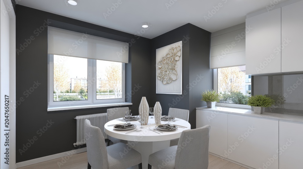 Fototapeta premium Modern dining room interior with round table and minimalist design elements