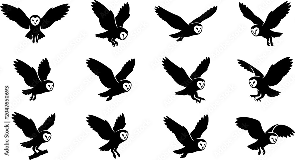 Fototapeta premium Barn owl silhouette icon set, flat black glyph style, pure white background