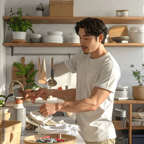 Man preparing food in kitchen interior.