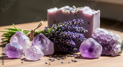 Natural handmade lavender soap bar with fresh lavender flowers and raw purple amethyst crystals