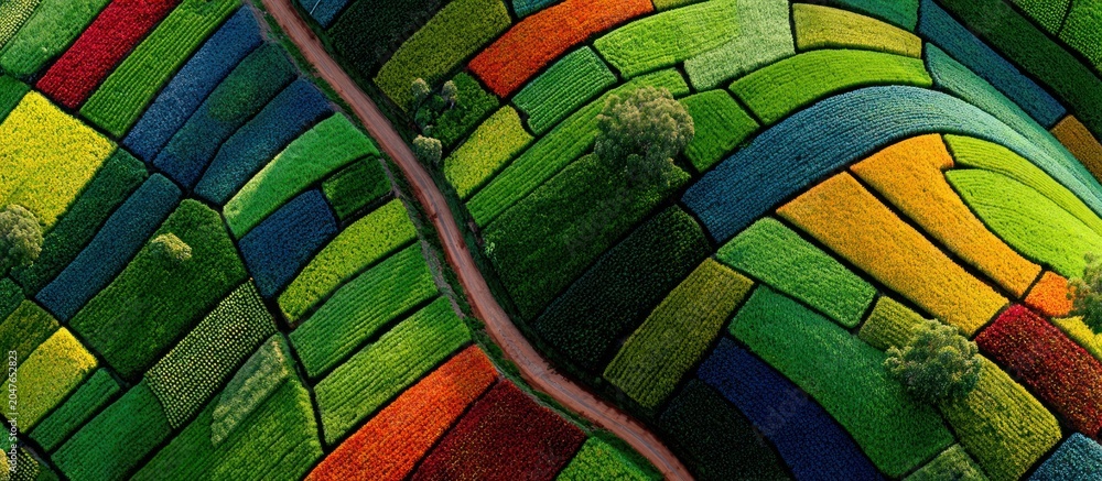 Fototapeta premium Aerial view of a patchwork of colorful fields with winding road