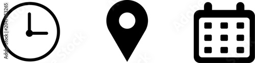 Time, address, and calender icon vector in flat style, Clock, pin map location, and calendar signs set.