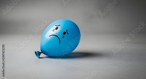 Balloon of blue latex displays a sad hand-drawn face with teardrops to represent feelings of depression and loneliness.