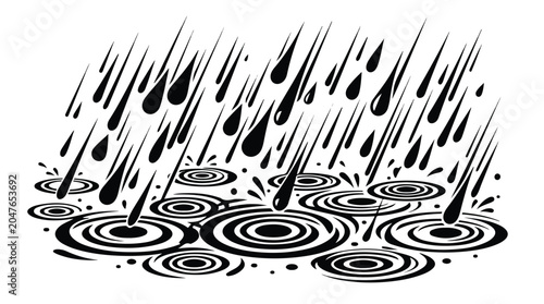 Abstract black and white illustration of raindrops falling into rippling water creating concentric circles and splashes