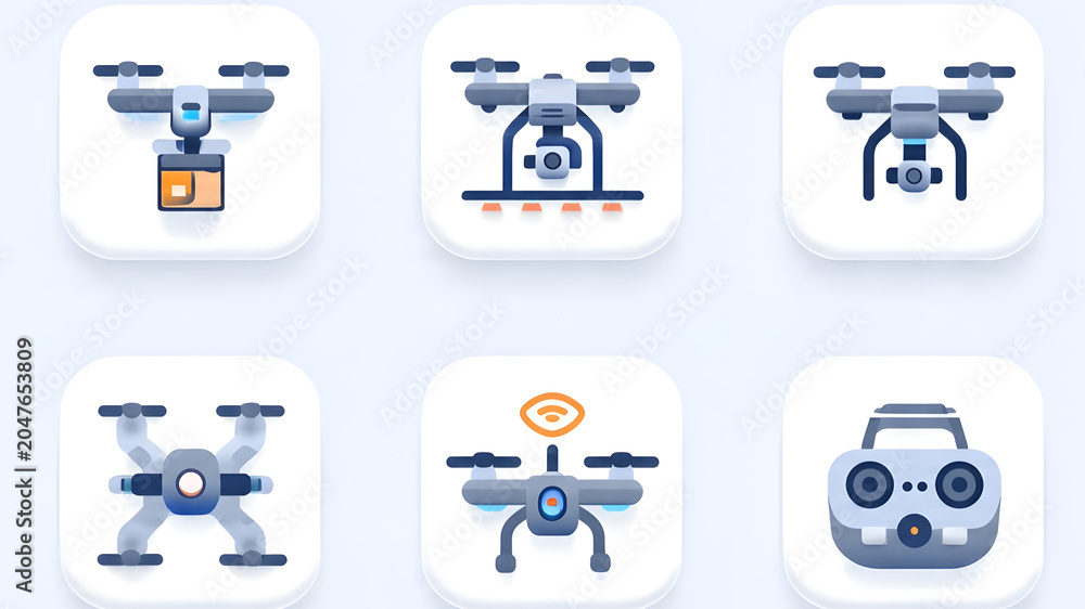 Fototapeta premium Modern flat drone icon collection featuring aerial delivery, camera drone, wireless connection, and remote controller in clean vector design.