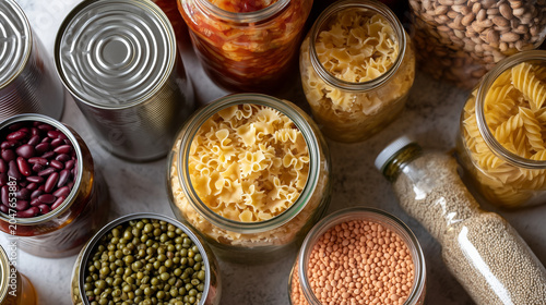 International Friendship Day food donation essentials flat lay, canned goods, pasta, beans and dry groceries for charity support, community kindness, compassion, unity, food bank h