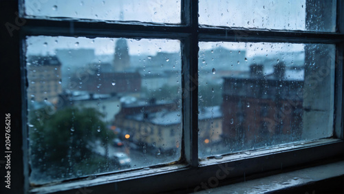 Rainy city view through window