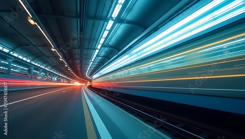 Abstract light trails in a futuristic tunnel at high speed.