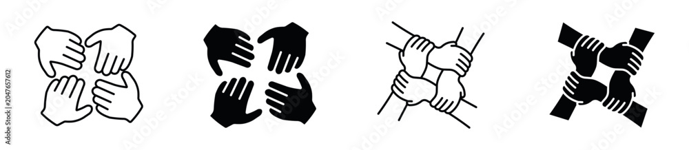Fototapeta premium Unity Hands Icon Set. Teamwork, Cooperation and Community Support Icons. Vector Illustration.