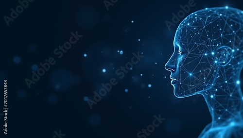 Artificial intelligence head profile with glowing connections and particles.