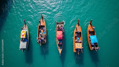 Five Traditional Longtail Boats Floating on Turquoise Water.