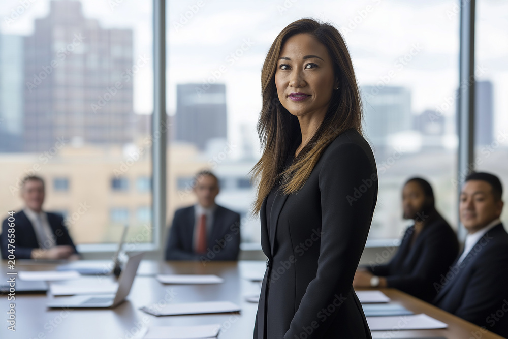 Obraz premium Confident businesswoman standing in a corporate boardroom with colleagues, representing leadership, executive management, diversity, strategic decision making, and professional success