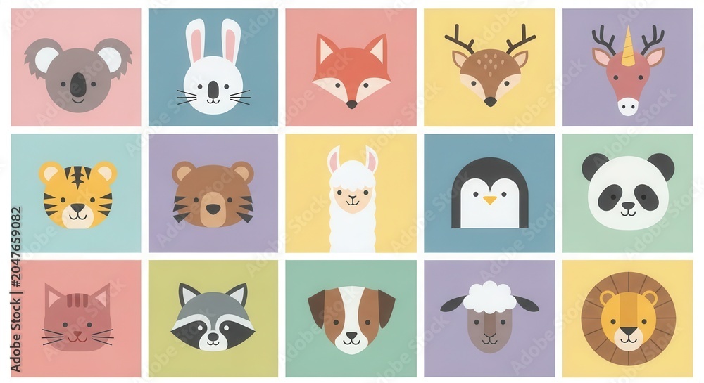 Naklejka premium Cute Animal Faces Collection Flat Vector Illustration Set for Kids and Nursery Decor - 15 Minimalist Icons