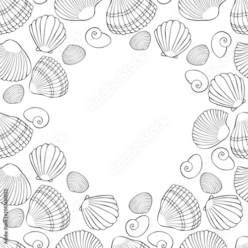 Round frame made of outline seashells. Vector marine border hand drawn in doodle style, isolated on white background. Suitable for summer design, kids activity or coloring book