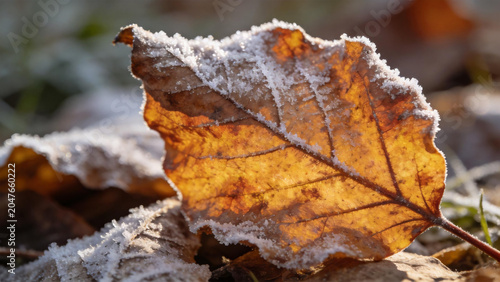 Frost-covered autumn leaf in sunlight