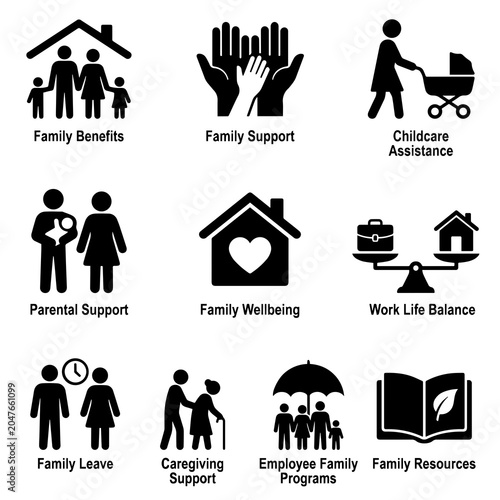 Family Support Icons Black Silhouette Set On White Background