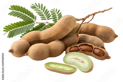 Fresh Brown Tamarind Pod with Open Green Slice Revealing Seeds and Leaf Isolated on White Background – High-Resolution Hyper-Realistic Tamarindus Indica Fruit for Culinary, Cooking, and Sour Spice Gra