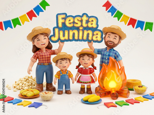 Festa Junina family with food illustrations on white