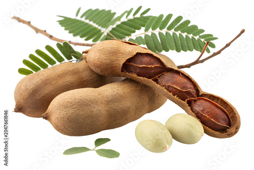 Bundle of Fresh Brown Tamarind Pods with Green Leaves and Cut Slices Isolated on White Background – High-Resolution Hyper-Realistic Tamarindus Indica Fruit for Culinary, Cooking, and Sour Spice Graphi