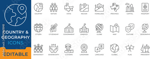 Country Geography Nation Globe Map State Region Icon Set editable vectors for international travel, government, and citizenship.