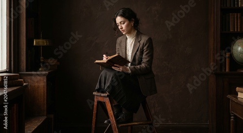 Thoughtful female student sitting on wooden steps holding diary