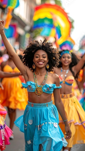 Woman dancing in colorful festival parade.