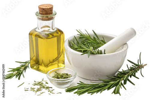 Rosemary Essential Oil Glass Bottle with Fresh Herbs and Mortar Isolated on White Background – High-Resolution Hyper-Realistic Salvia Rosmarinus Extract for Culinary, Aromatherapy, Skincare, and Welln
