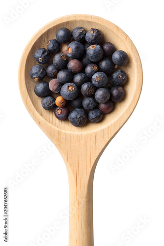 Dried Blue Juniper Berries Spiced in Wooden Spoon Isolated on White Background – High-Resolution Hyper-Realistic Juniperus Communis Conifer Seed Pods for Culinary, Gin Flavoring, and Cooking Graphic D