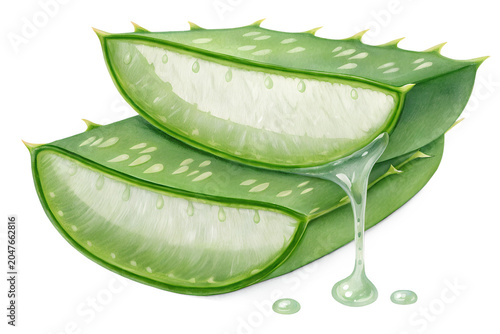 Two Fresh Sliced Aloe Vera Leaves with Clear Gel Drops Isolated on White Background – High-Resolution Watercolor Illustration for Cosmetics, Skincare, and Healthy Medical Graphic Design