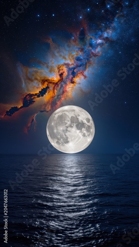 Full Moon Over Ocean with Nebula and Stars Stunning Nightscape