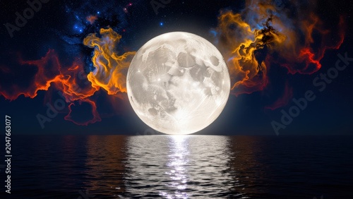 Full Moon Over Ocean Night Sky Fantasy Landscape