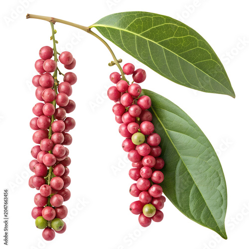Vintage Botanical Illustration of Pink Peppercorn Berry Branch with Green Fern Leaf Isolated on White Background – High-Resolution Hyper-Realistic Schinus Molle Spice Graphic Design Element for Cookin