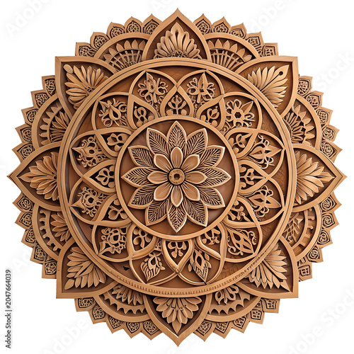 Single Round Wooden Carved Mandala Panel Front View Isolated on White Background – High-Resolution Hyper-Realistic Laser Cut Wood Wall Art Decor for Interior Design Ornament and Craft Graphic Design