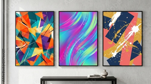 Set of Three Modern Abstract Art Prints for Home and Office Decor, Bright Geometric and Fluid Patterns, Perfect for Living Room, Bedroom, Gallery Walls, Stylish Contemporary Wall Art