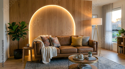 Modern living room with brown sofa and round wall light