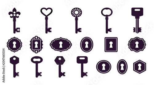 Konstfotografi Vintage keys and keyholes silhouette vector illustration