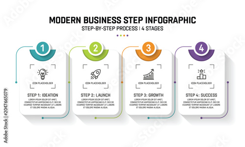 Modern business step infographic displaying a four stage horizontal process