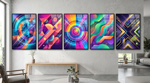 Set of Five Vibrant Abstract Digital Art Prints for Modern Interior Decor, Bright Geometric Patterns, Colorful Wall Art for Living Room, Office, and Gallery Spaces